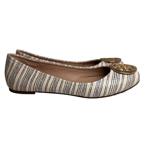 Tory Burch White Blue Striped Snake Leather Gold Logo Reva Ballet Flats Sz 11 M - Picture 14 of 15